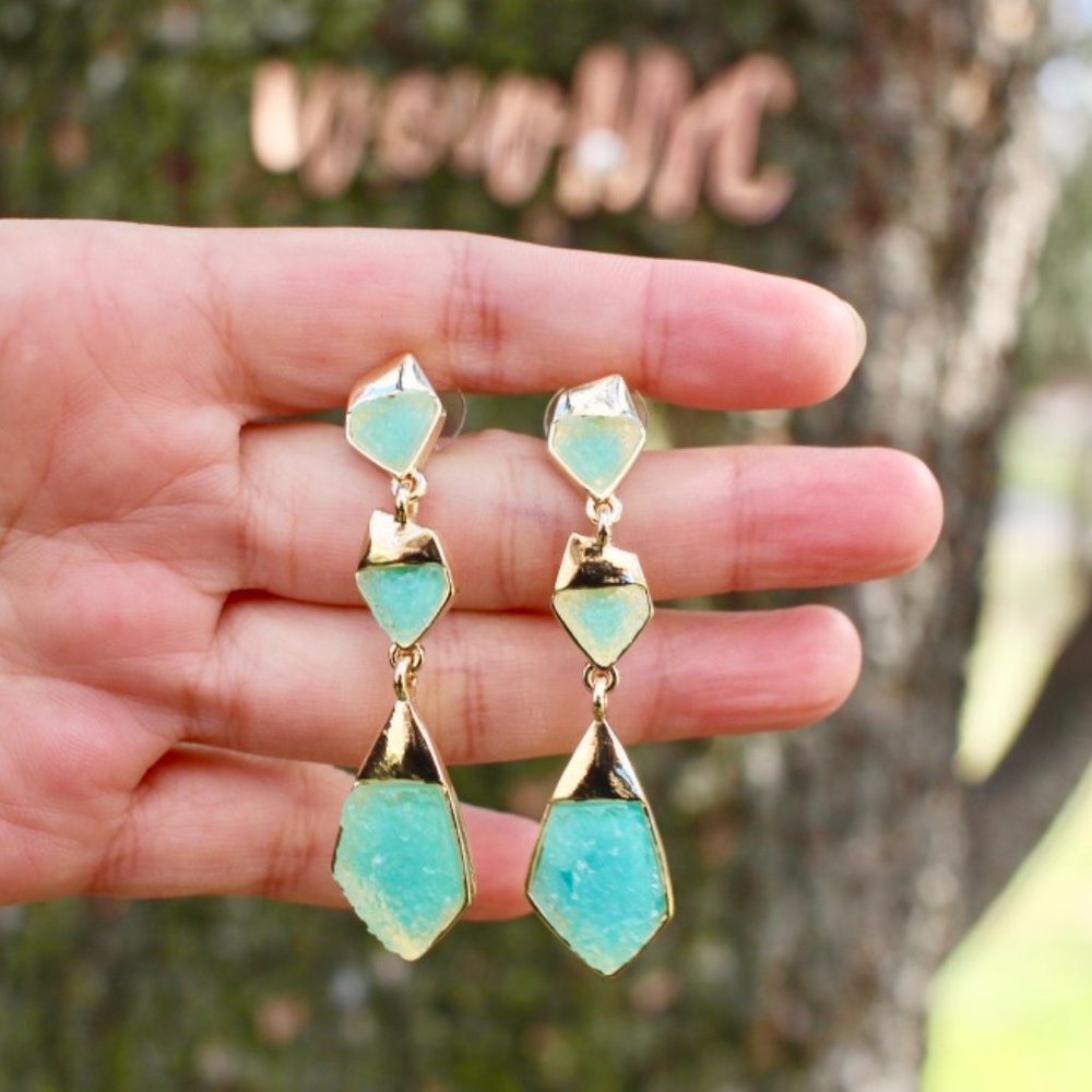 New 14K Gold Blue Druzy Stone Drop Dangle Earrings